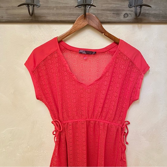 🍒 3/$35 PRANA Cherry Red Mesh ELLIOT Cinch-Tie Waist S/S Cover-Up-L - Picture 6 of 16
